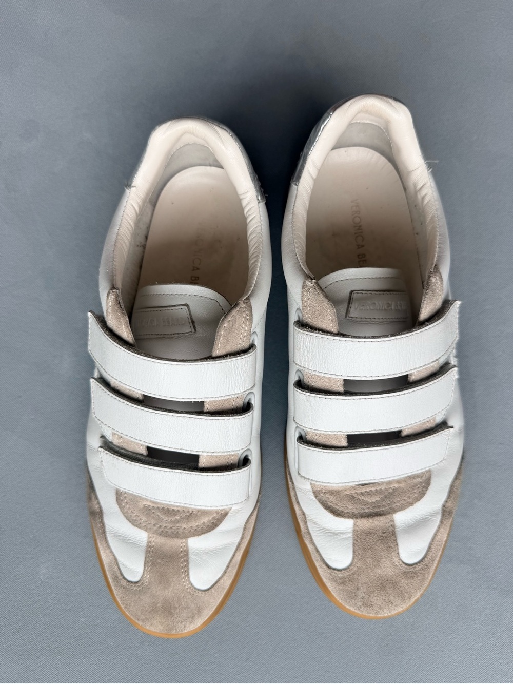 Veronica Beard White and Taupe Leather & Suede Velcro Sneakers